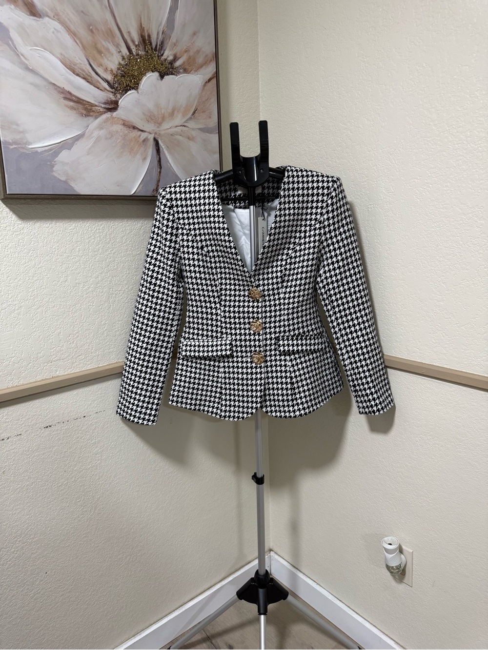 Commense Black White Metal Button Houndstooth Blazer S - Picture 9 of 9
